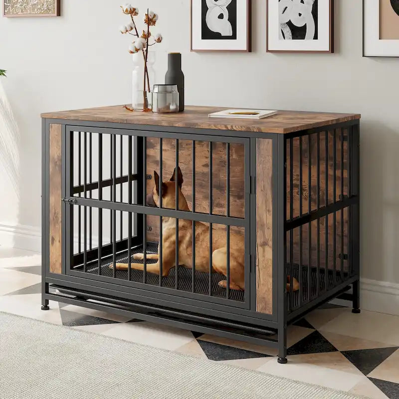 Tavolo cuccia in legno nero marrone, Mobile gabbia da interno, Adatto per 1 cane di taglia grande