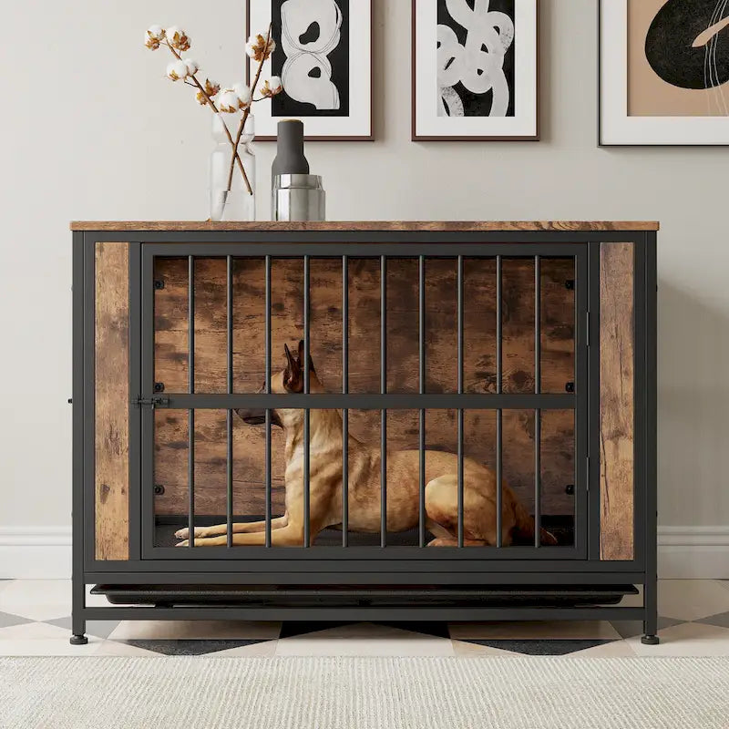 Tavolo cuccia in legno nero marrone, Mobile gabbia da interno, Adatto per 1 cane di taglia grande