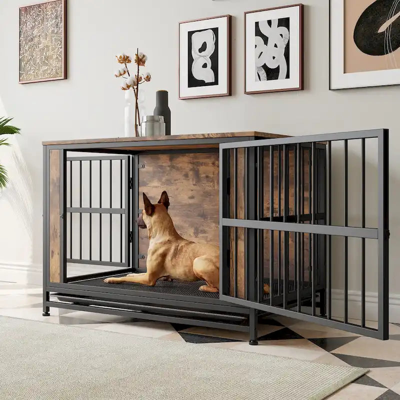 Tavolo cuccia in legno nero marrone, Mobile gabbia da interno, Adatto per 1 cane di taglia grande