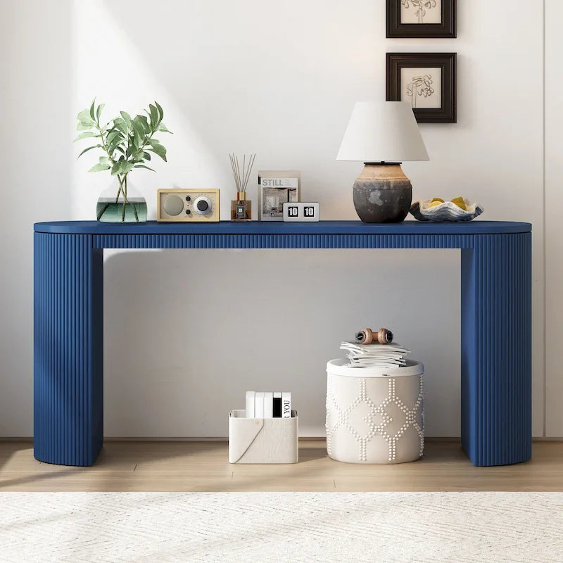 Tavolo console curvo blu scuro/nero/naturale con gambe a righe verticali