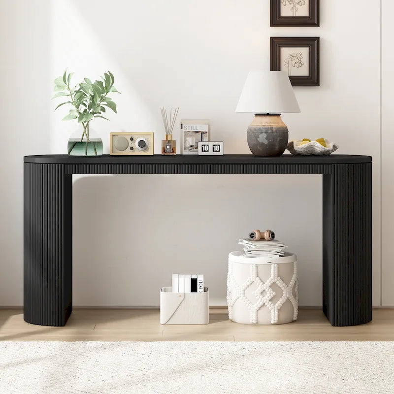 Tavolo console curvo blu scuro/nero/naturale con gambe a righe verticali