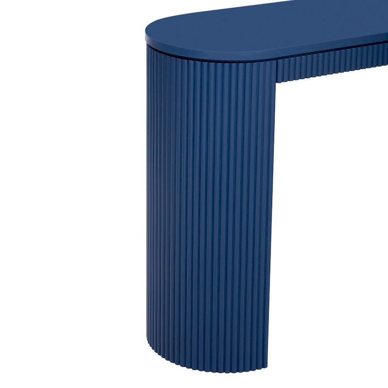 Tavolo console curvo blu scuro/nero/naturale con gambe a righe verticali
