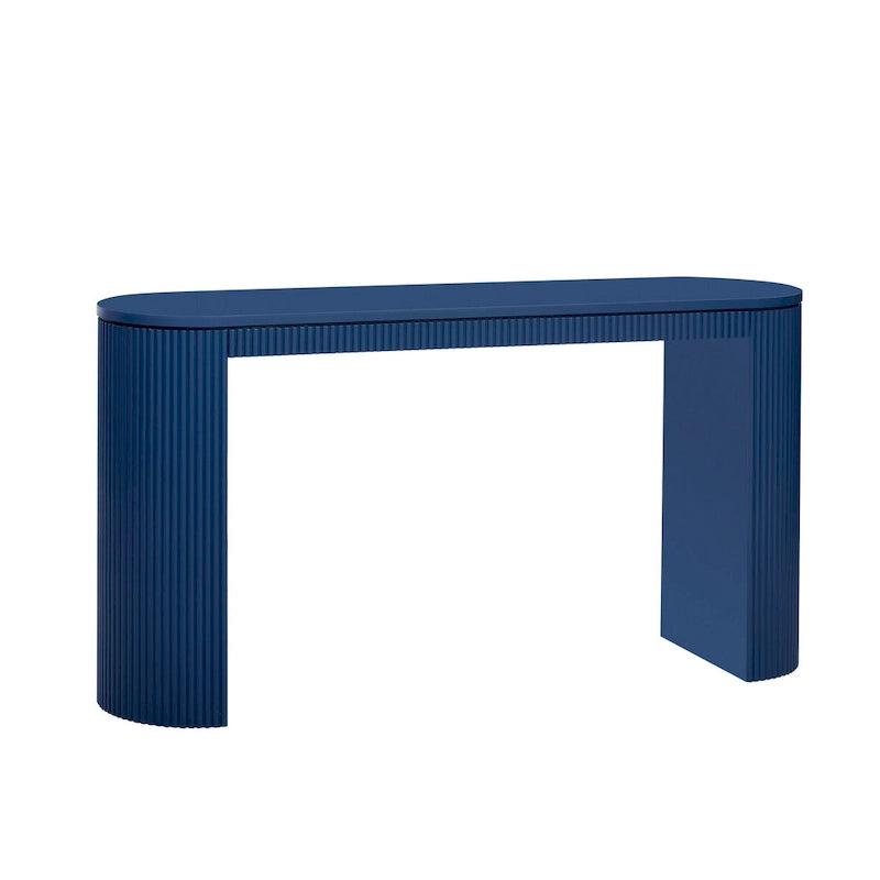 Tavolo console curvo blu scuro/nero/naturale con gambe a righe verticali