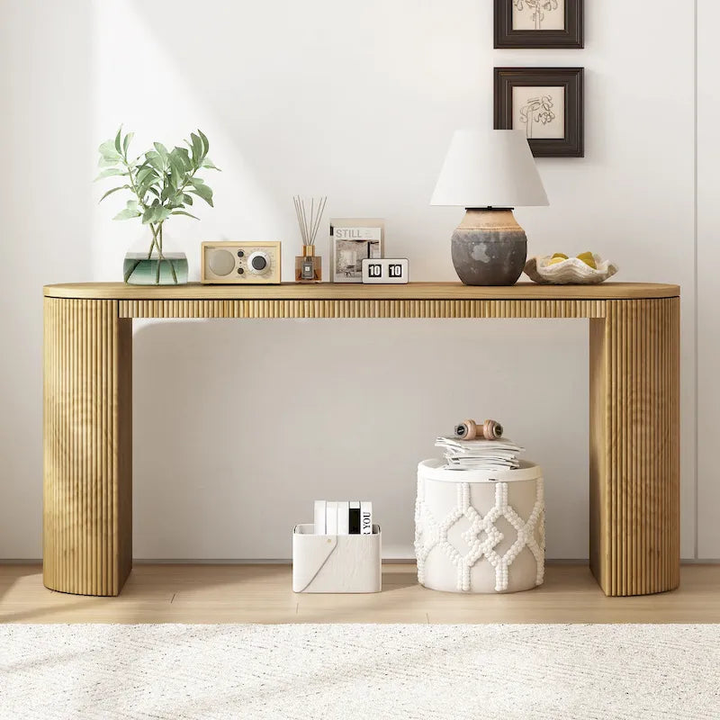 Tavolo console curvo blu scuro/nero/naturale con gambe a righe verticali