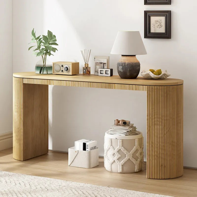 Tavolo console curvo blu scuro/nero/naturale con gambe a righe verticali