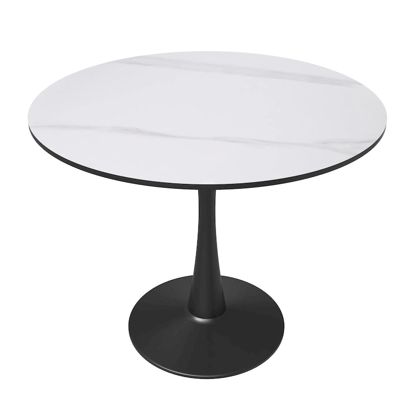 Tavolo da pranzo rotondo in pietra sinterizzata per 4 persone – Base a piedistallo singolo, bianco/nero/legno naturale