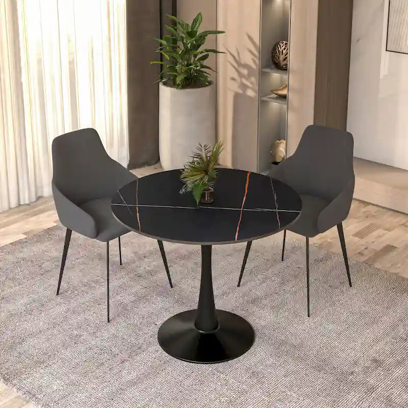 Tavolo da pranzo rotondo in pietra sinterizzata per 4 persone – Base a piedistallo singolo, bianco/nero/legno naturale