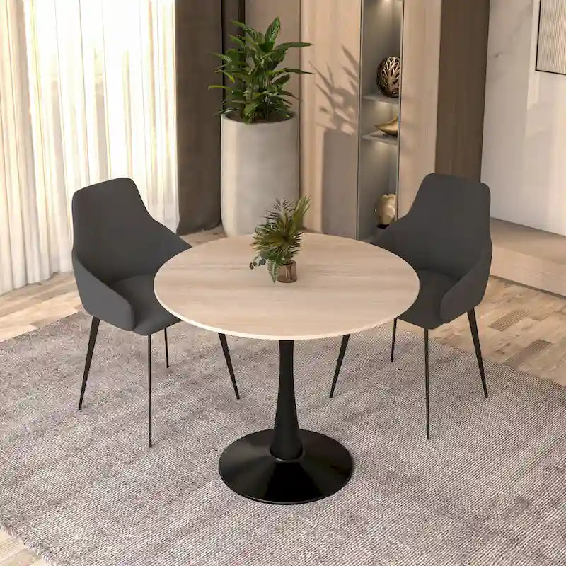 Tavolo da pranzo rotondo in pietra sinterizzata per 4 persone – Base a piedistallo singolo, bianco/nero/legno naturale