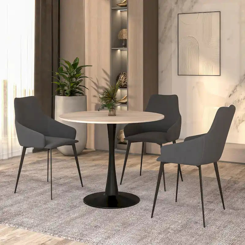 Tavolo da pranzo rotondo in pietra sinterizzata per 4 persone – Base a piedistallo singolo, bianco/nero/legno naturale