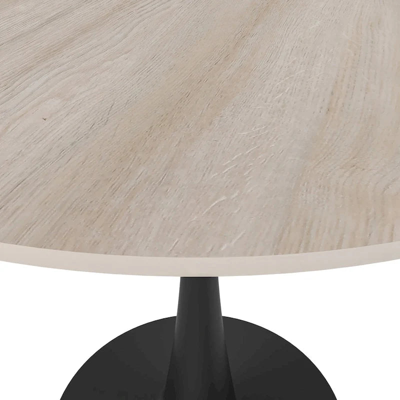 Tavolo da pranzo rotondo in pietra sinterizzata per 4 persone – Base a piedistallo singolo, bianco/nero/legno naturale