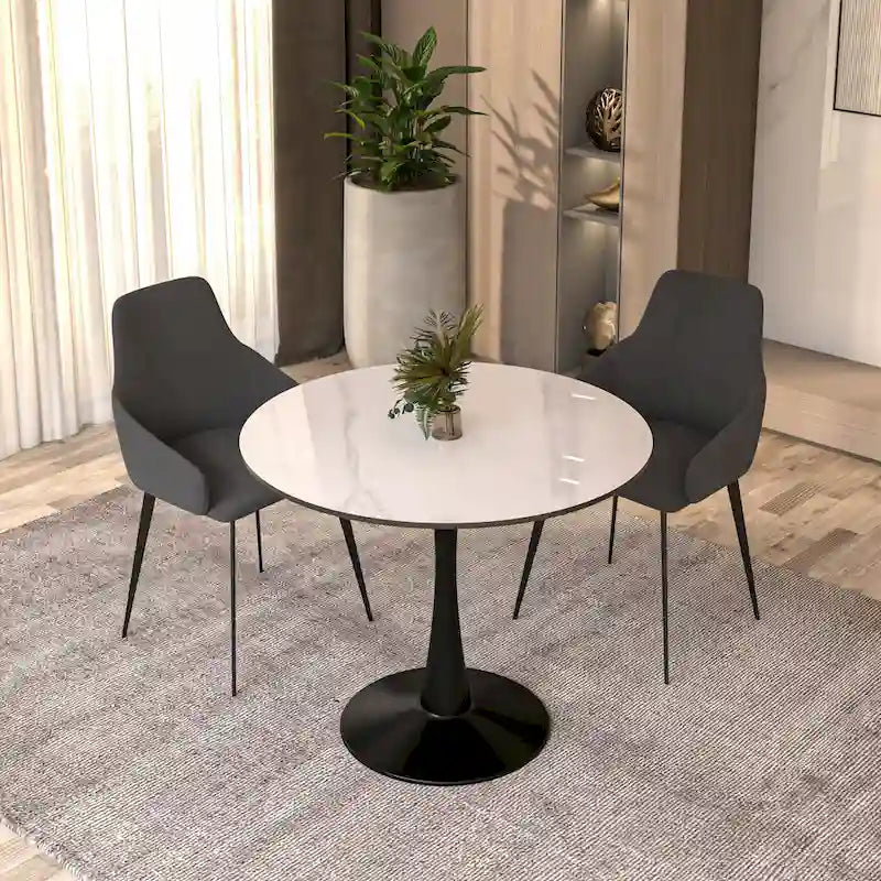 Tavolo da pranzo rotondo in pietra sinterizzata per 4 persone – Base a piedistallo singolo, bianco/nero/legno naturale