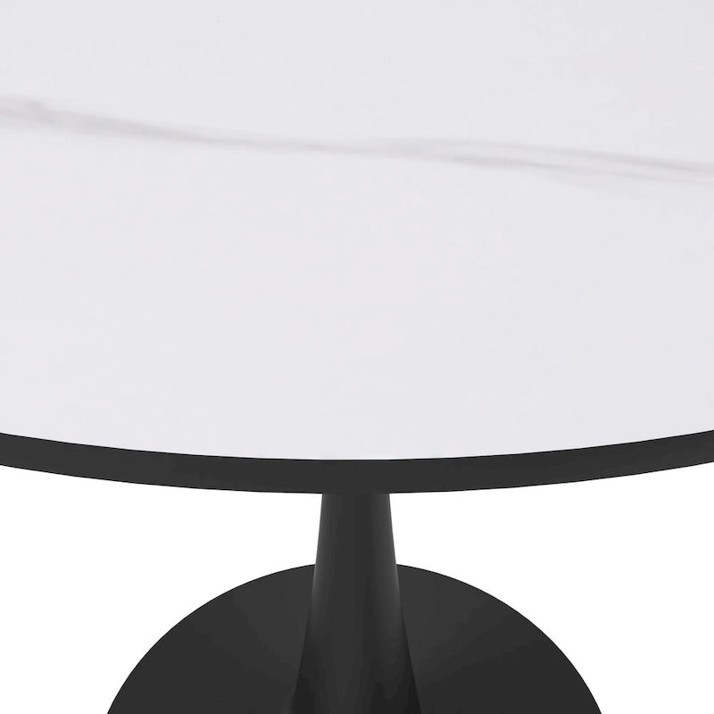 Tavolo da pranzo rotondo in pietra sinterizzata per 4 persone – Base a piedistallo singolo, bianco/nero/legno naturale