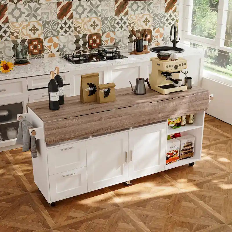 Carrello da cucina bianco su ruote con ribalta, 2 cassetti, armadietto e portasciugamani