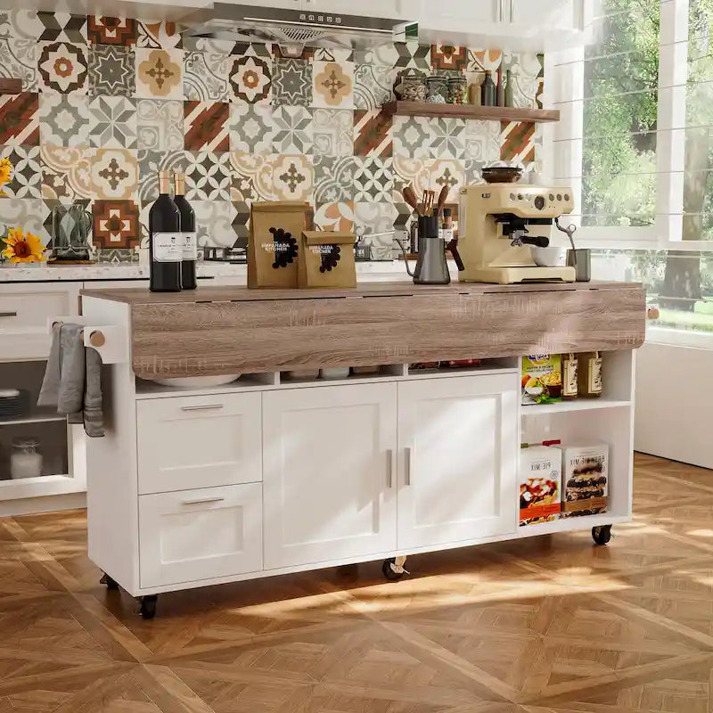 Carrello da cucina bianco su ruote con ribalta, 2 cassetti, armadietto e portasciugamani