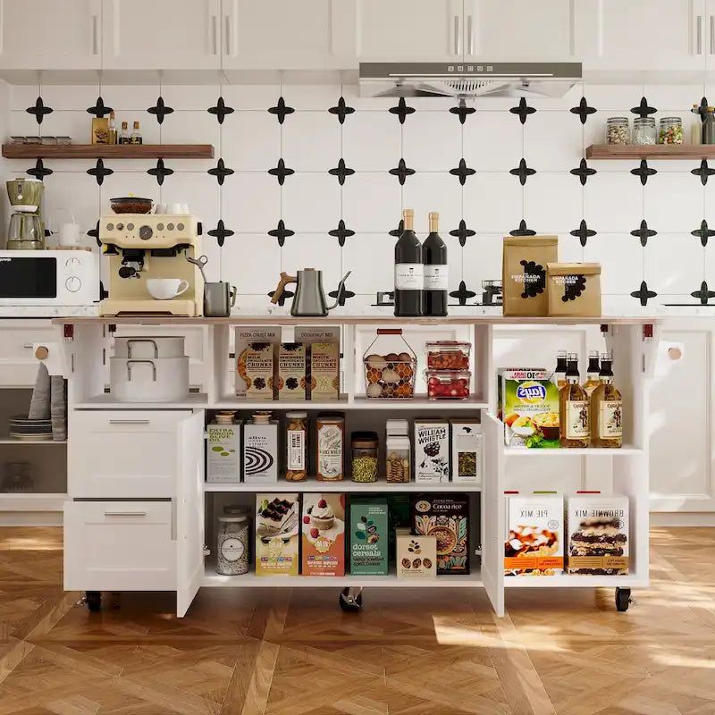 Carrello da cucina bianco su ruote con ribalta, 2 cassetti, armadietto e portasciugamani