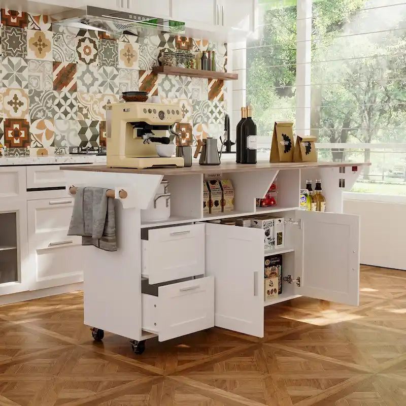 Carrello da cucina bianco su ruote con ribalta, 2 cassetti, armadietto e portasciugamani