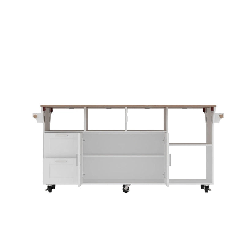 Carrello da cucina bianco su ruote con ribalta, 2 cassetti, armadietto e portasciugamani