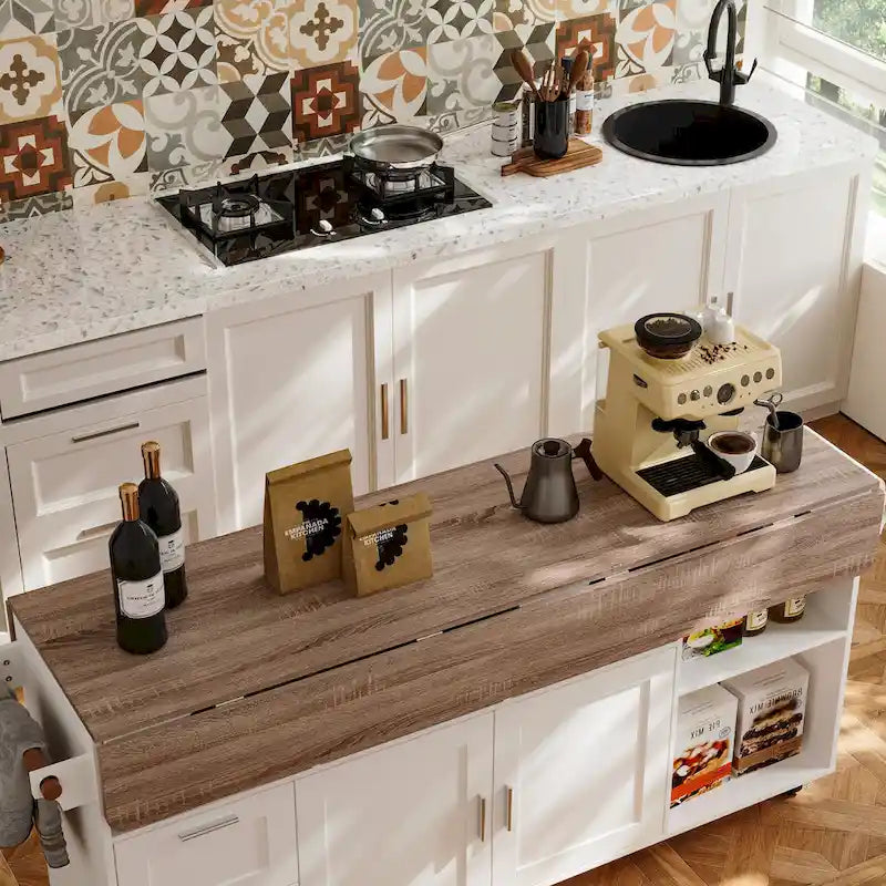 Carrello da cucina bianco su ruote con ribalta, 2 cassetti, armadietto e portasciugamani