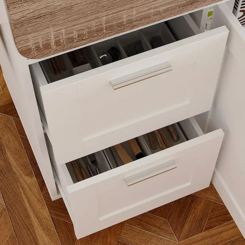 Carrello da cucina bianco su ruote con ribalta, 2 cassetti, armadietto e portasciugamani