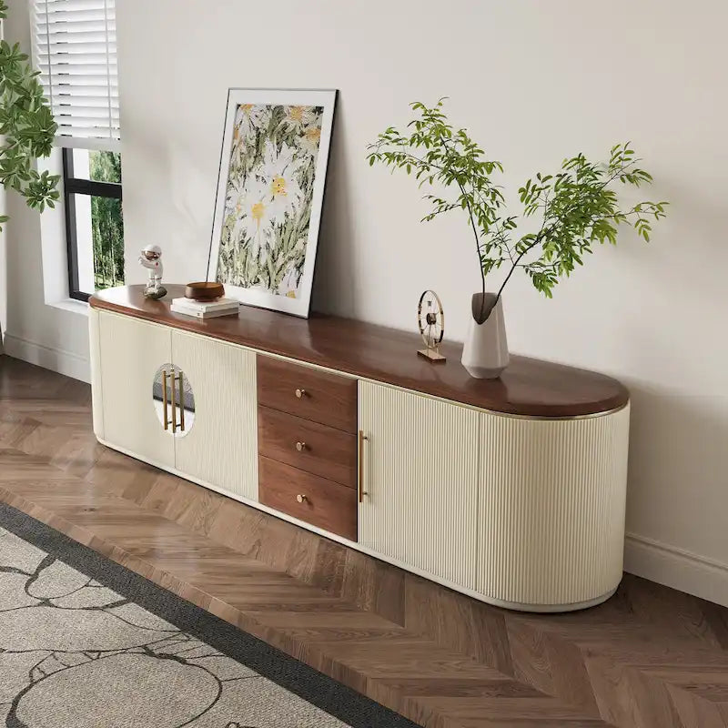Mobile TV moderno marrone e beige, 199,90 cm, 5 ante e 3 cassetti, completamente assemblato