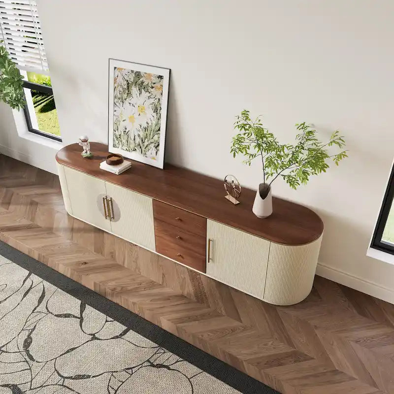 Mobile TV moderno marrone e beige, 199,90 cm, 5 ante e 3 cassetti, completamente assemblato