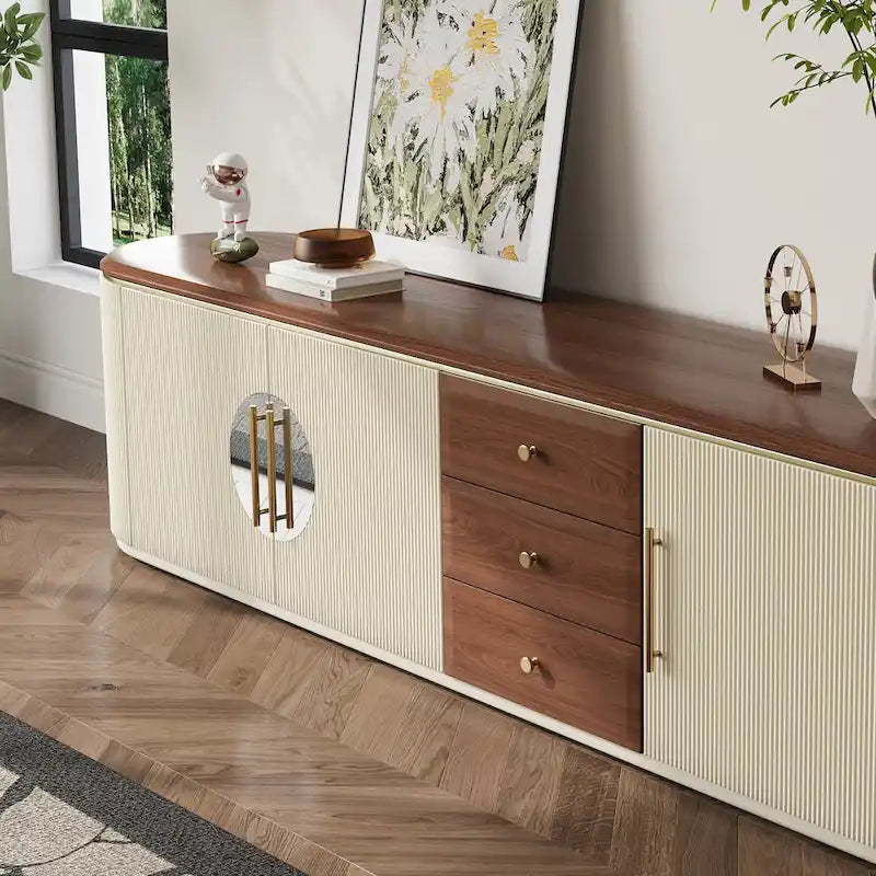 Mobile TV moderno marrone e beige, 199,90 cm, 5 ante e 3 cassetti, completamente assemblato