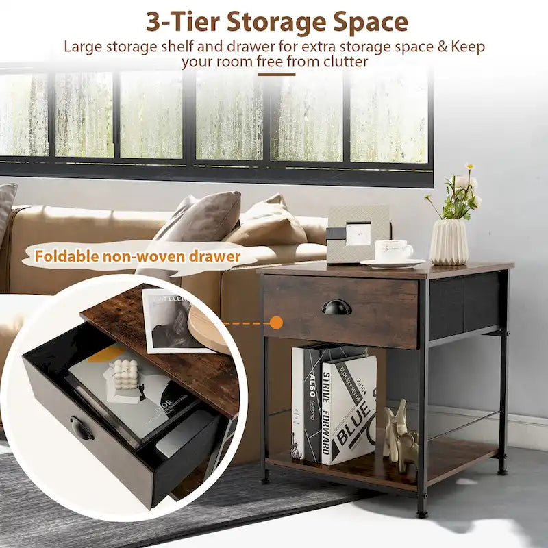 Comodino a 2 livelli in legno marrone con cassetto, singolo