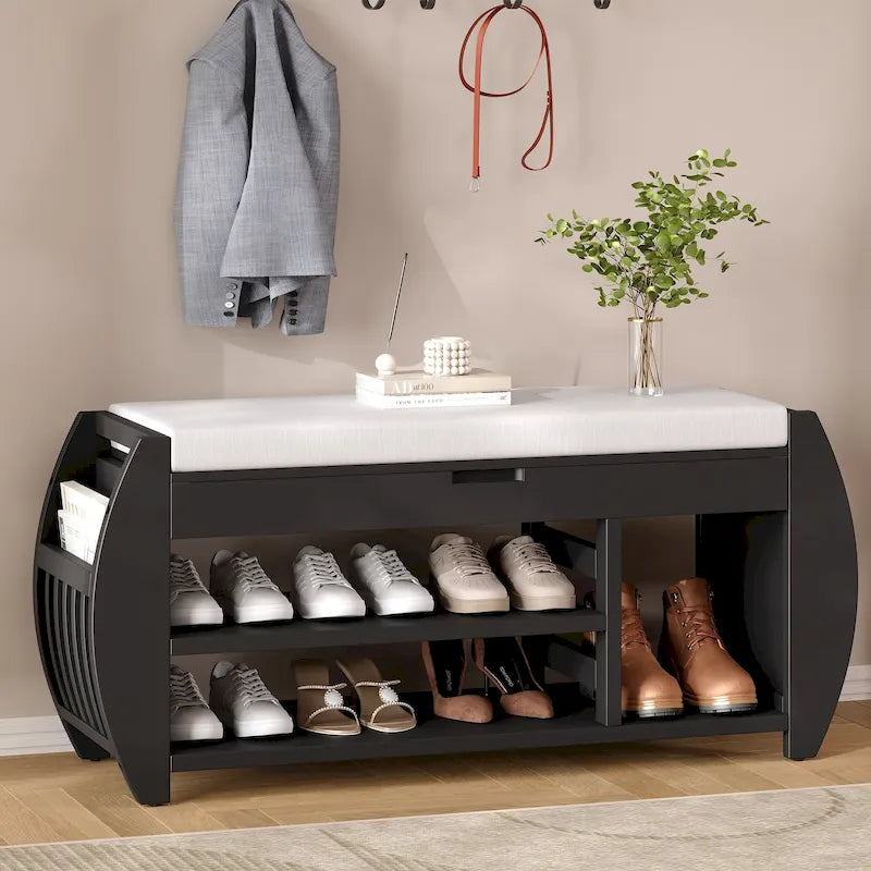 Panca portascarpe con cuscino, lato curvo, 1 posto — Nero / Blu Navy / Naturale / Espresso / Bianco