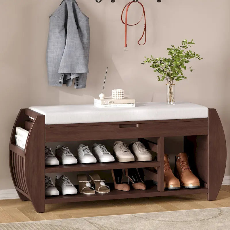 Panca portascarpe con cuscino, lato curvo, 1 posto — Nero / Blu Navy / Naturale / Espresso / Bianco