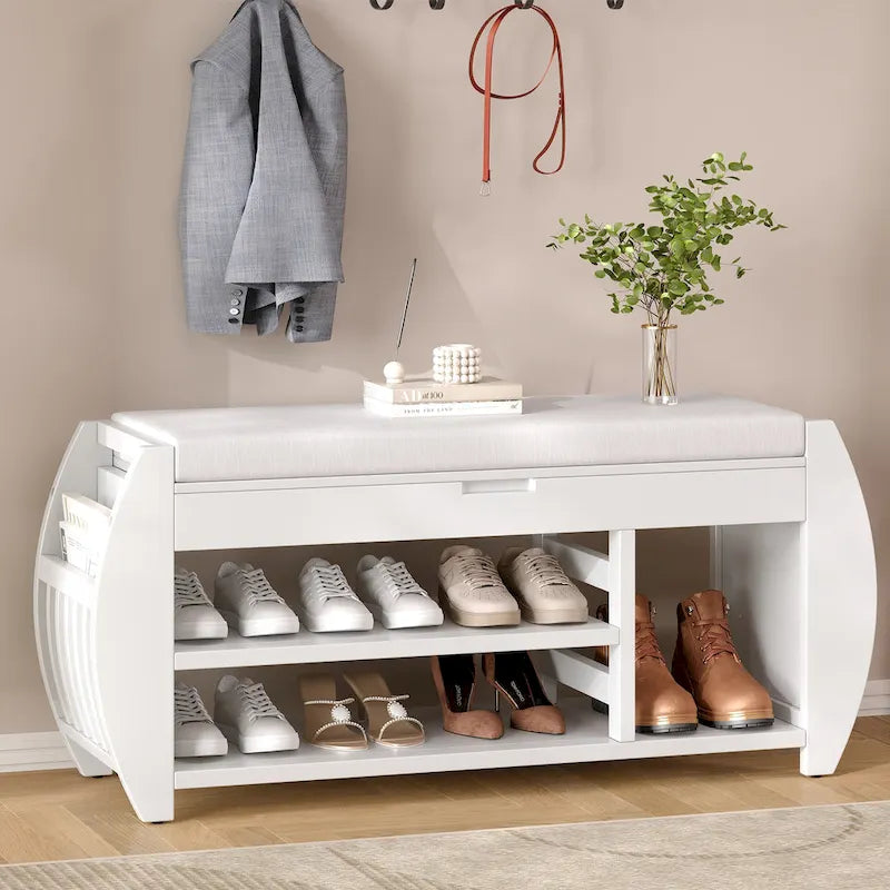 Panca portascarpe con cuscino, lato curvo, 1 posto — Nero / Blu Navy / Naturale / Espresso / Bianco