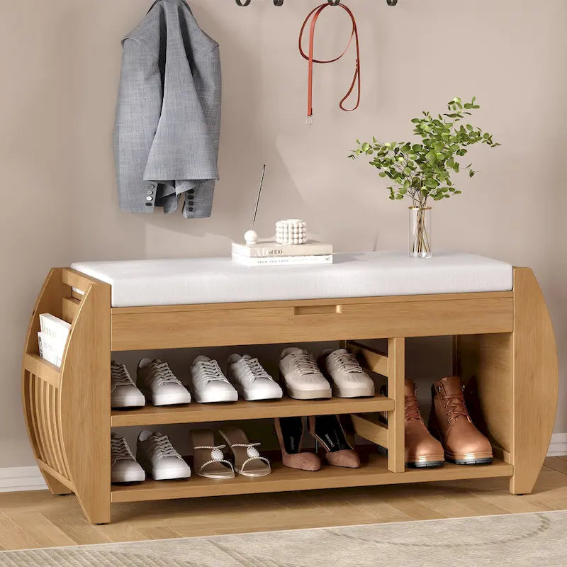 Panca portascarpe con cuscino, lato curvo, 1 posto — Nero / Blu Navy / Naturale / Espresso / Bianco