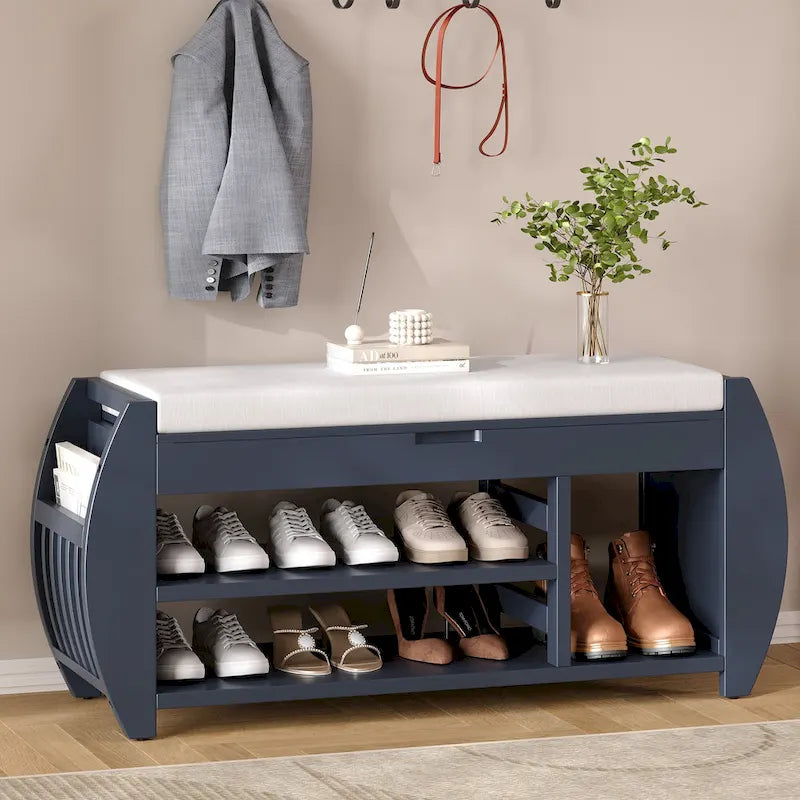 Panca portascarpe con cuscino, lato curvo, 1 posto — Nero / Blu Navy / Naturale / Espresso / Bianco
