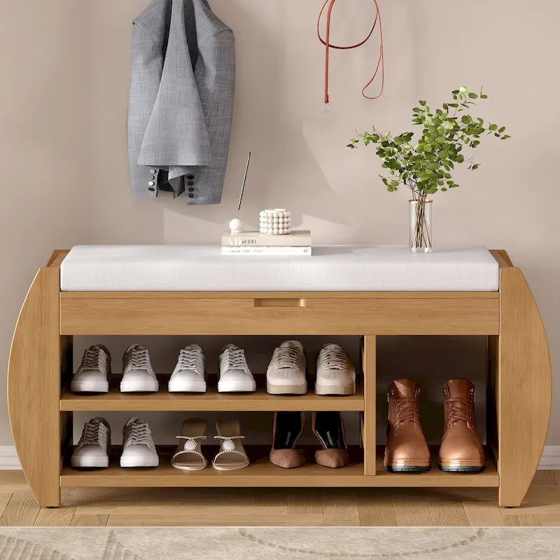 Panca portascarpe con cuscino, lato curvo, 1 posto — Nero / Blu Navy / Naturale / Espresso / Bianco