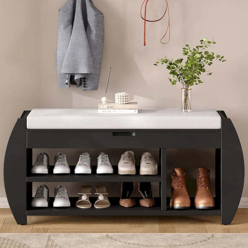 Panca portascarpe con cuscino, lato curvo, 1 posto — Nero / Blu Navy / Naturale / Espresso / Bianco