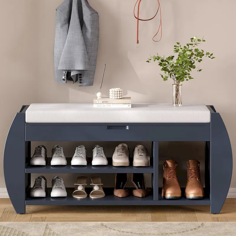 Panca portascarpe con cuscino, lato curvo, 1 posto — Nero / Blu Navy / Naturale / Espresso / Bianco