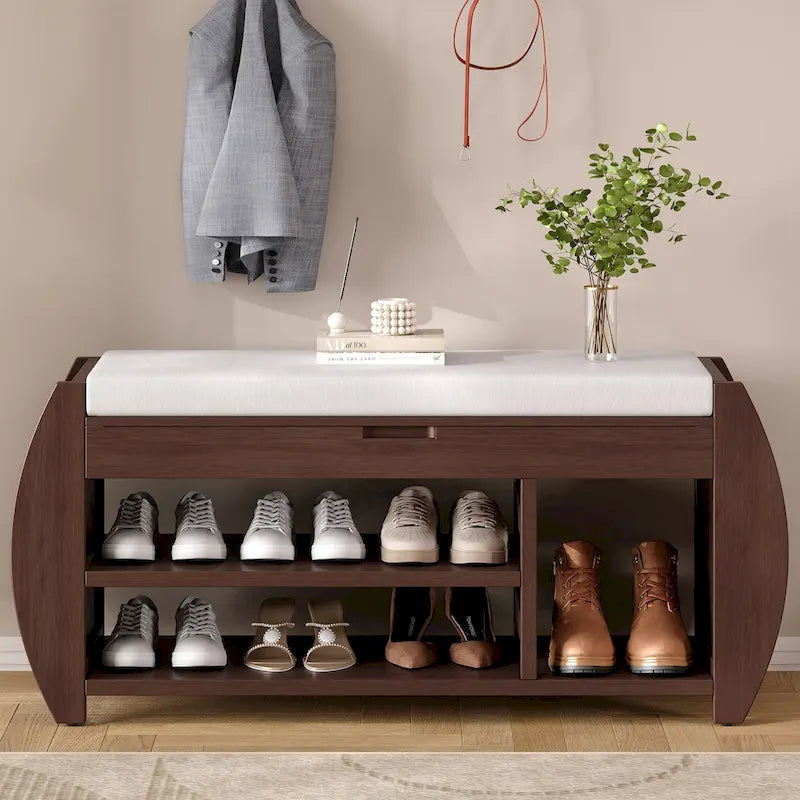 Panca portascarpe con cuscino, lato curvo, 1 posto — Nero / Blu Navy / Naturale / Espresso / Bianco