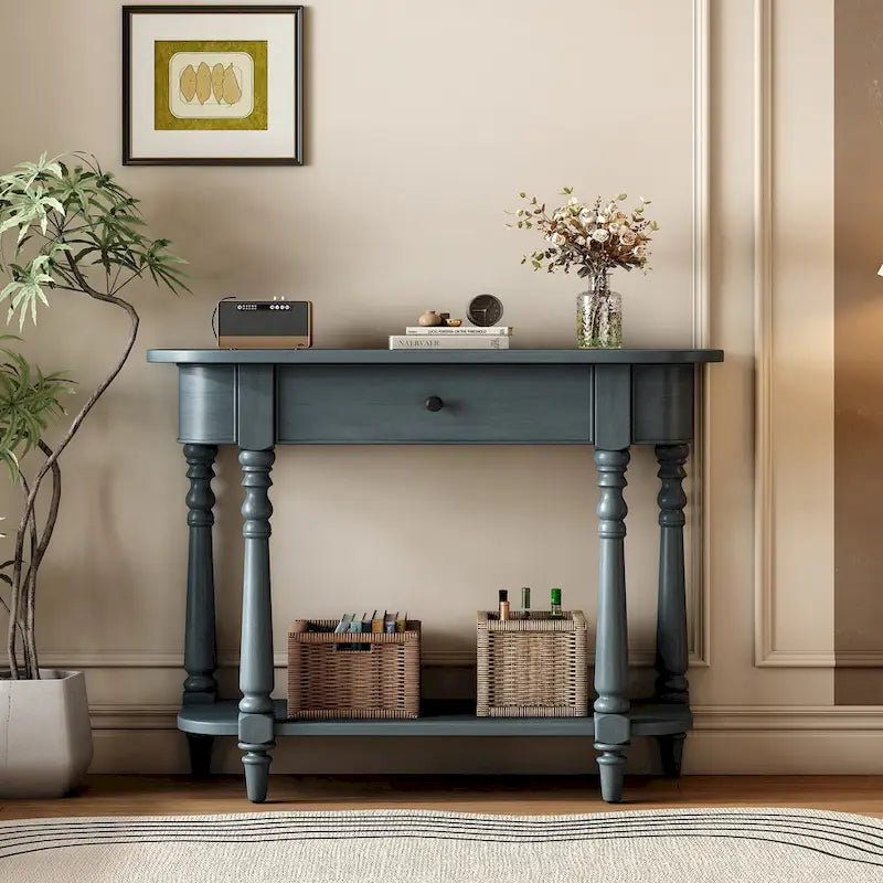 Retro Narrow Console Table with Curved Corner, Top Drawer & Open Shelf