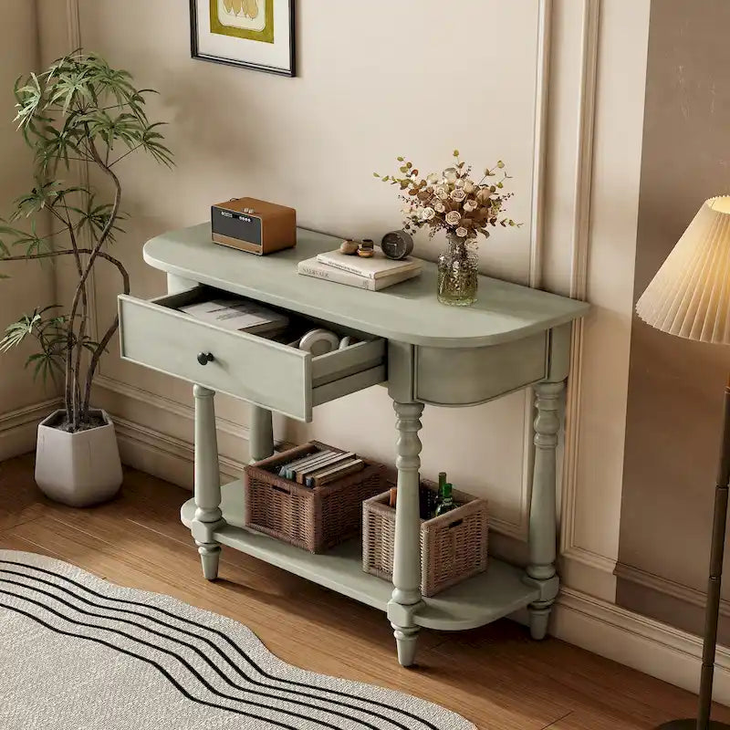 Consolle Vintage Stretta Grigia/Bianca/Blu Scuro con Cassetto e Ripiano