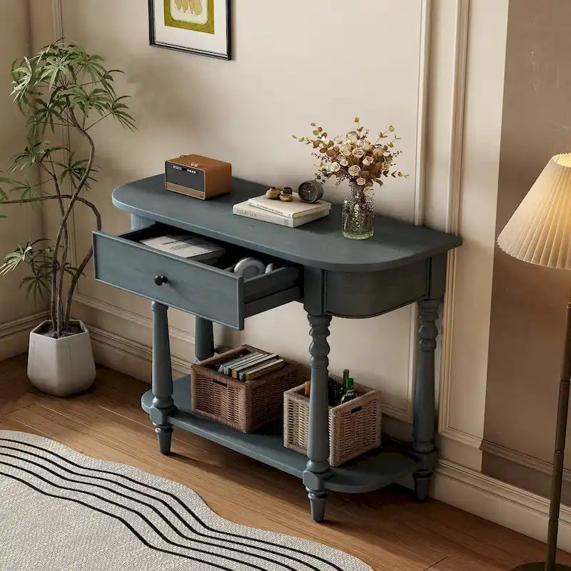 Consolle Vintage Stretta Grigia/Bianca/Blu Scuro con Cassetto e Ripiano