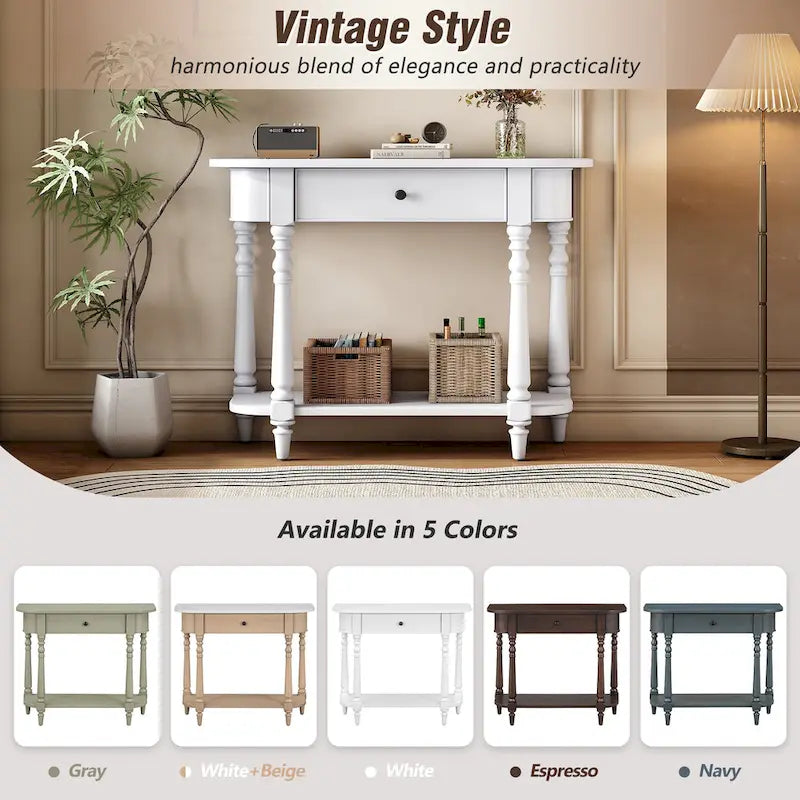 Consolle Vintage Stretta Grigia/Bianca/Blu Scuro con Cassetto e Ripiano