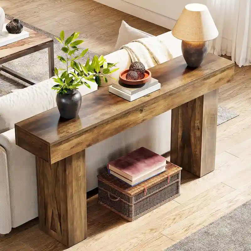 Consolle da 63" marrone stile rustico, Tavolo stretto da divano per soggiorno/ingresso