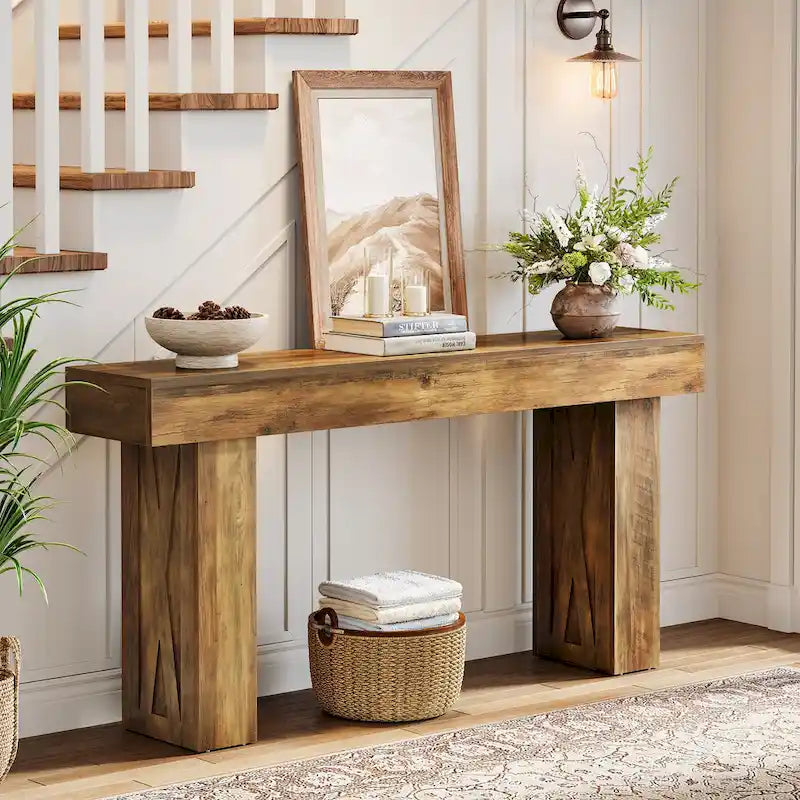 Consolle da 63" marrone stile rustico, Tavolo stretto da divano per soggiorno/ingresso