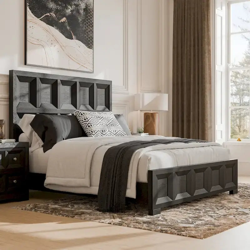 Letto con pannelli in legno – Nero invecchiato / Marrone fulvo, classico moderno, Queen e King