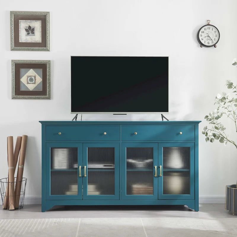Credenza turchese con ante in vetro scanalato, 2 armadietti, 2 cassetti e maniglie dorate