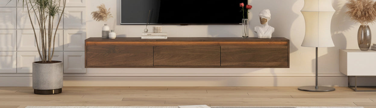 Modern Wood Floating TV Stand with 3 Storage Cabinets and LED Lights for Living Room Bedroom and Home Theater