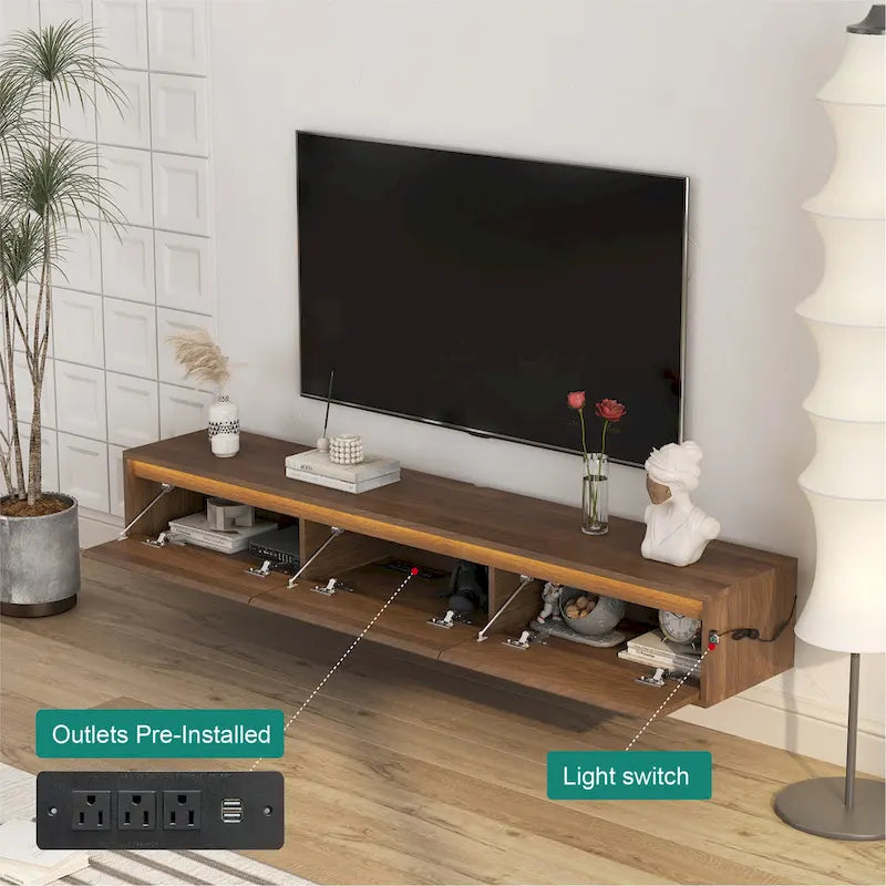 Mobile TV sospeso in legno con luci a LED, 3 ante/vani
