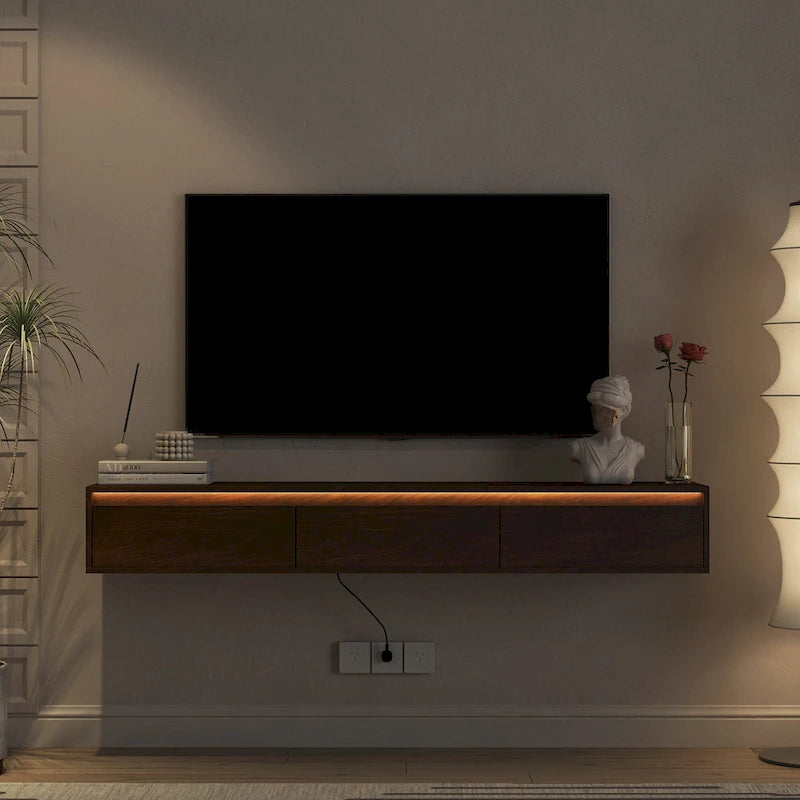Mobile TV sospeso in legno con luci a LED, 3 ante/vani