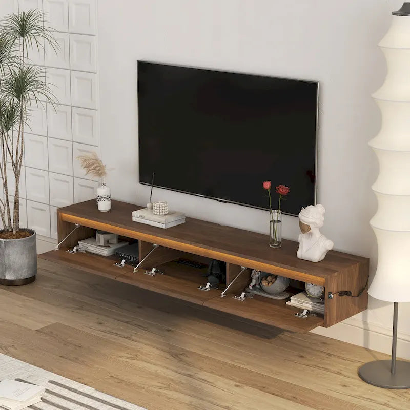 Mobile TV sospeso in legno con luci a LED, 3 ante/vani