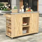 Cucina Isola da Esterno in Legno Naturale / Grigio / Nero e Acciaio Inox con Cassetto, Ripiani e Ruote Bloccabili
