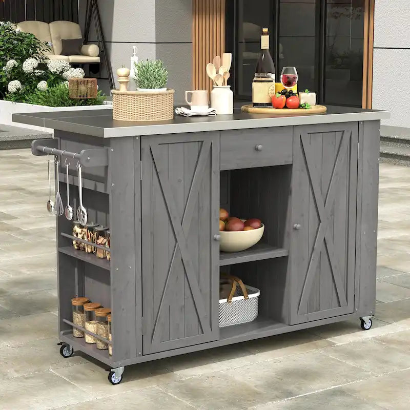 Cucina Isola da Esterno in Legno Naturale / Grigio / Nero e Acciaio Inox con Cassetto, Ripiani e Ruote Bloccabili
